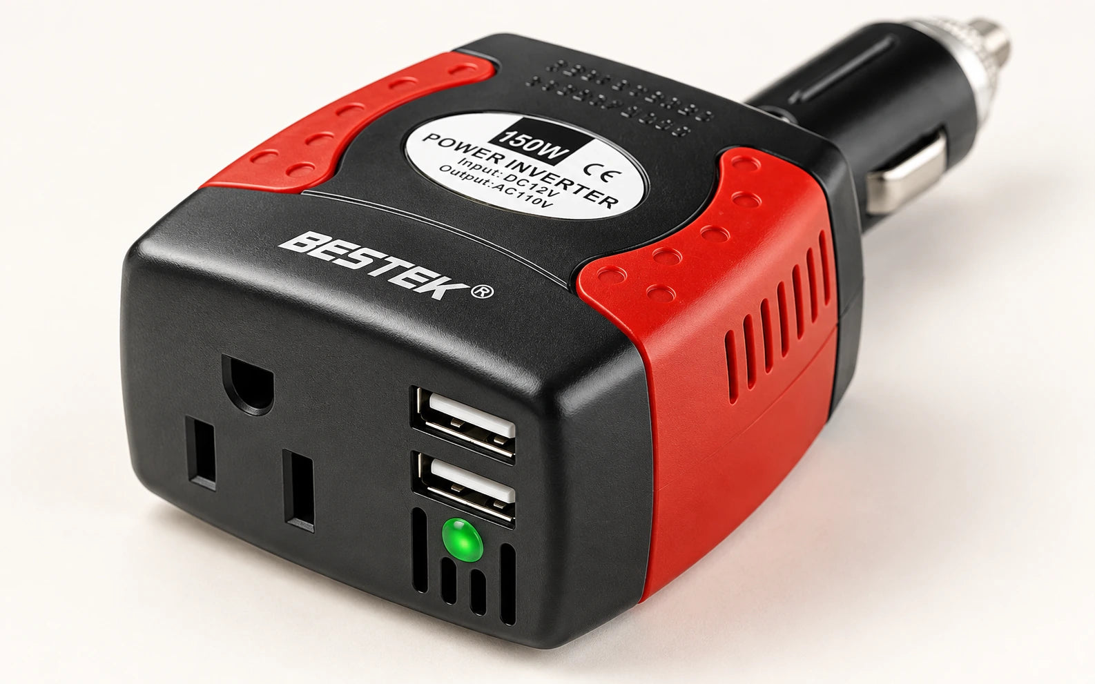 BESTEK 150W Power Inverter with Dual USB Charging Ports controls and connections