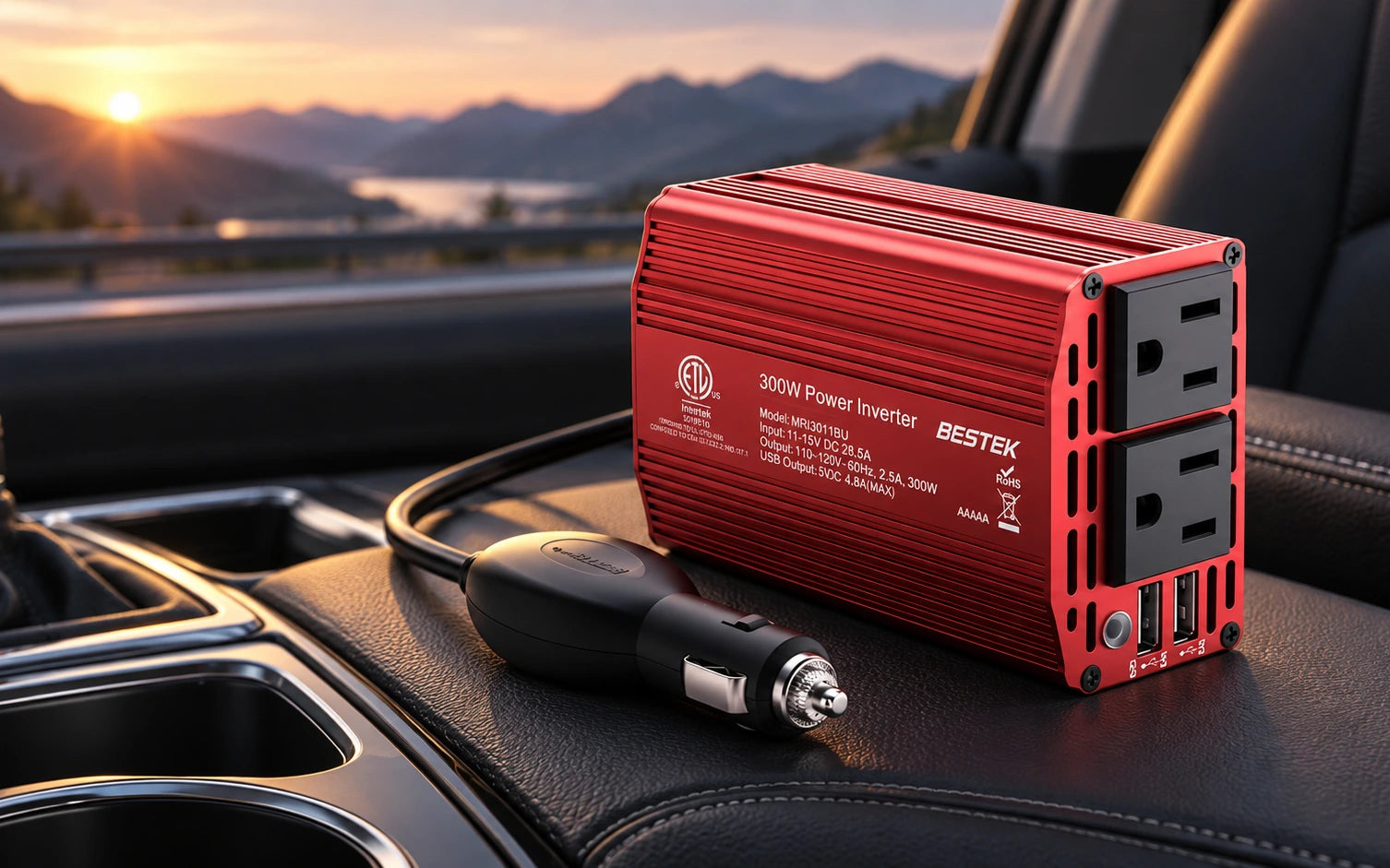 BESTEK 300W Car Power Inverter 12V DC to 110V with 4.8A Dual USB Ports and 2 AC Outlets detail overview