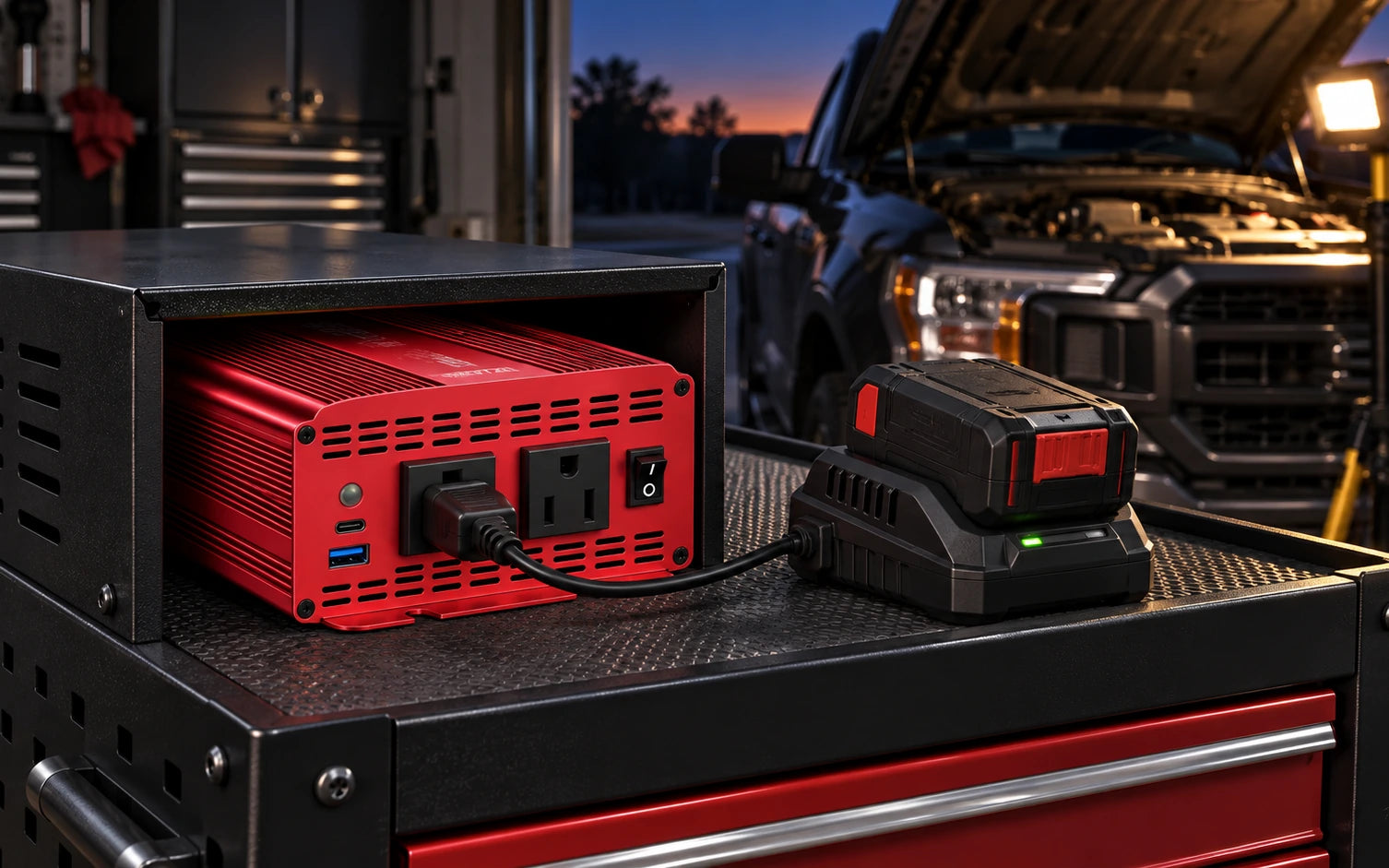BESTEK 2-Outlet 1000W Car Power Inverter DC 12V to AC 110V with PD 30W USB C and QC 18W in a third product-specific use setting