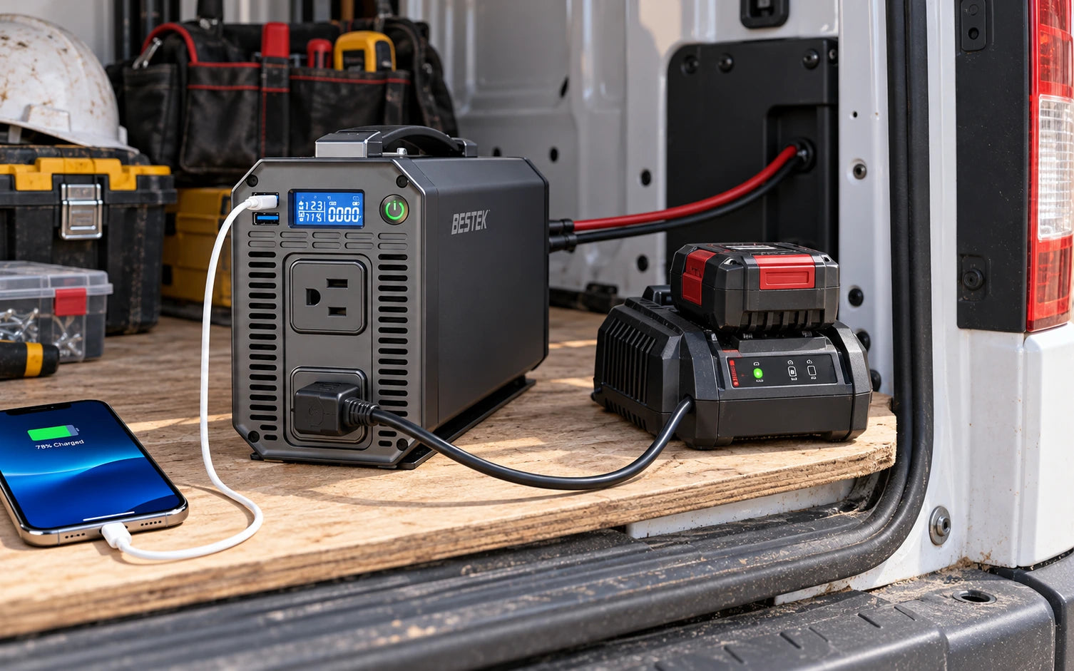 BESTEK DC 12V to 110V AC 1200W Power Inverter in a second product-specific use setting