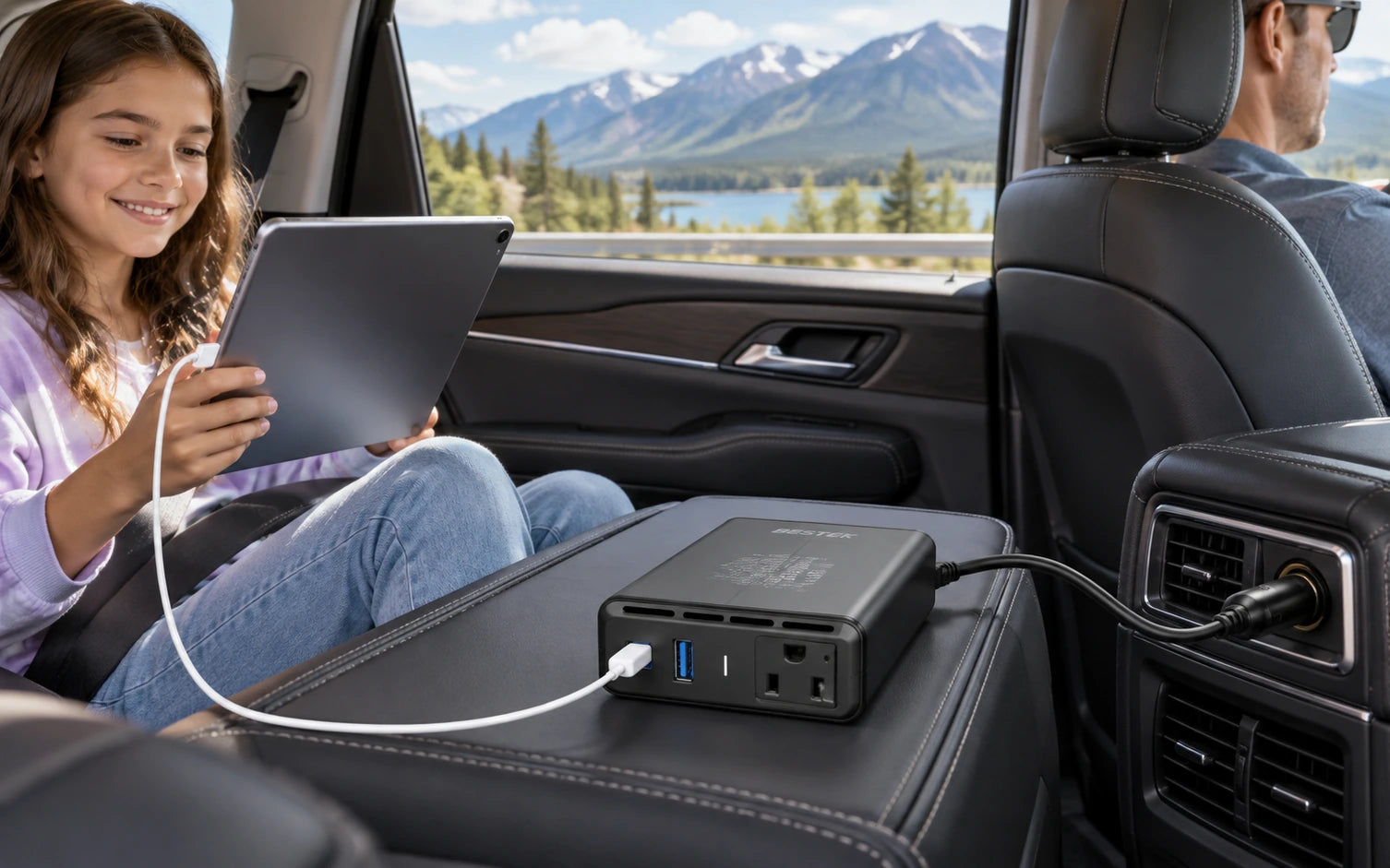 BESTEK Dual-USB 150W Car Power Inverter in a second product-specific use setting