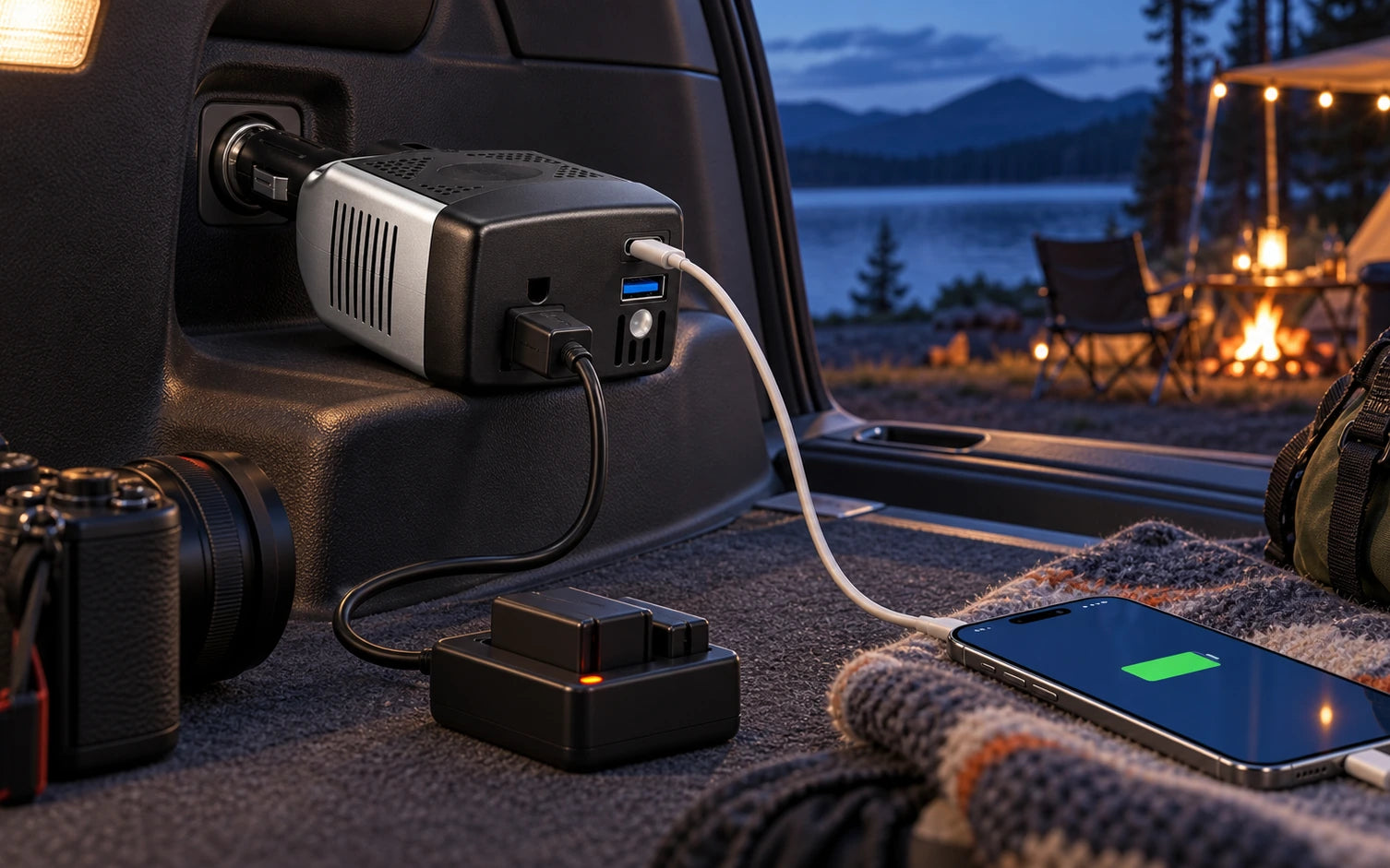 BESTEK 150W Power Inverter with PD 30W and QC 18W Dual Charging Ports in a third product-specific use setting