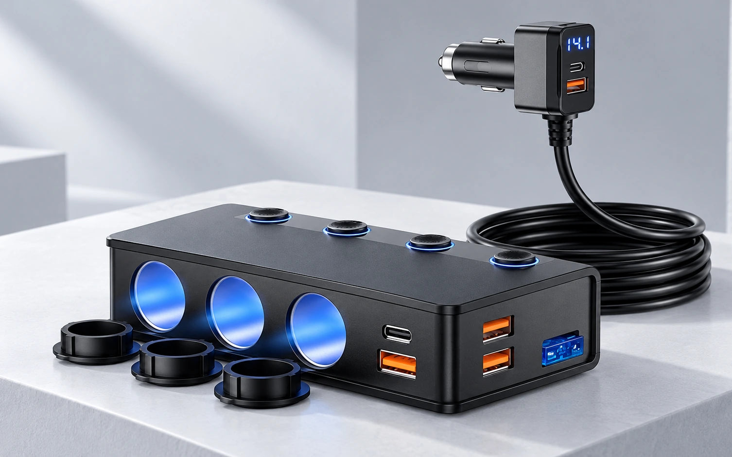 BESTEK 180W Cigarette Lighter Splitter with 65W USB-C PD, Black detail overview