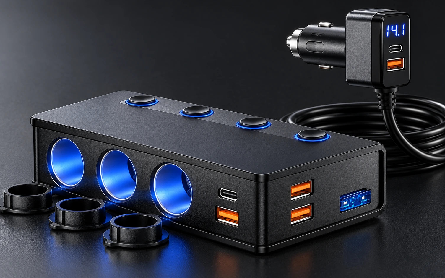 BESTEK 180W Cigarette Lighter Splitter with 65W USB-C PD, Black controls and connections
