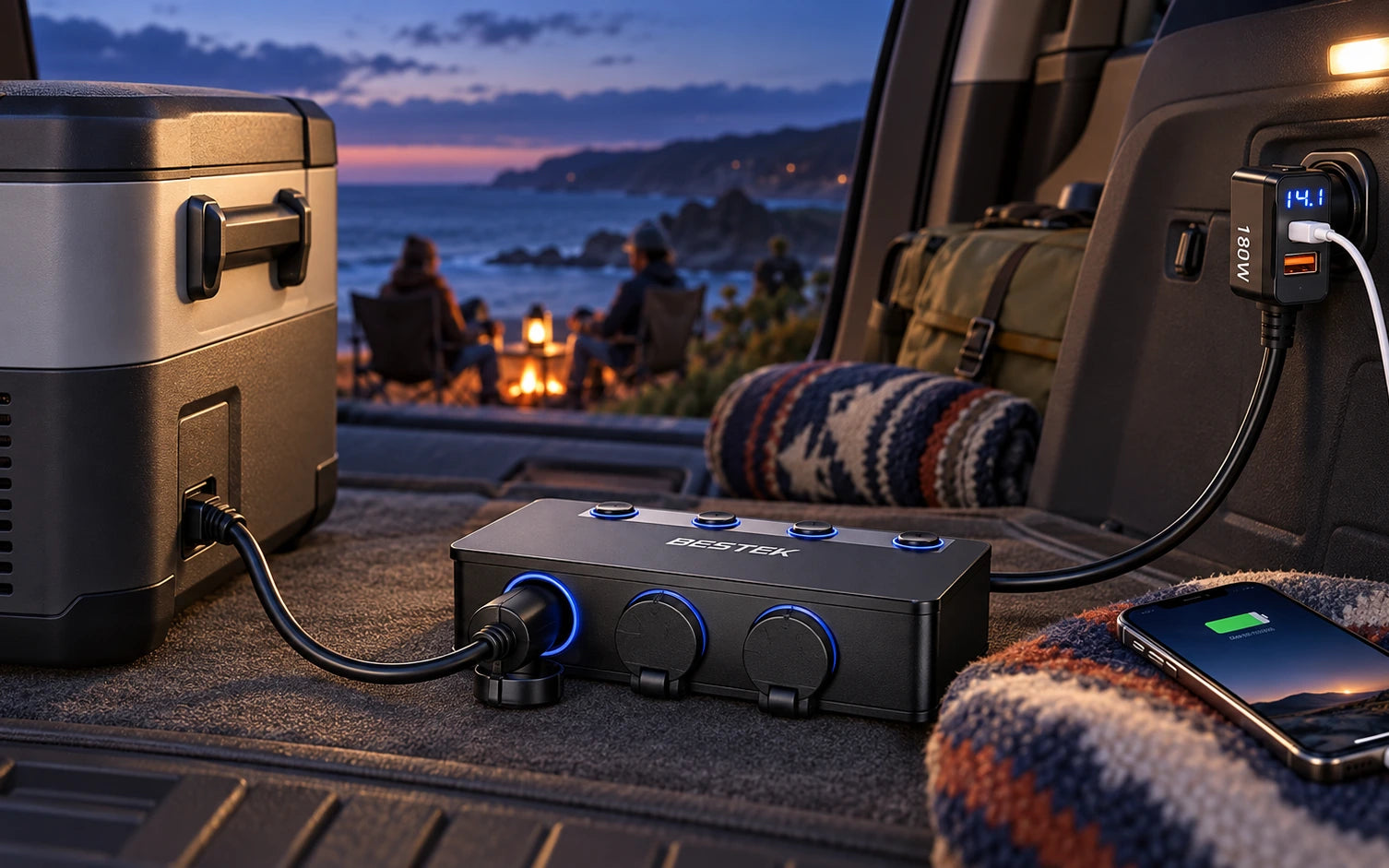 BESTEK 180W Cigarette Lighter Splitter with 65W USB-C PD, Black in a third product-specific use setting