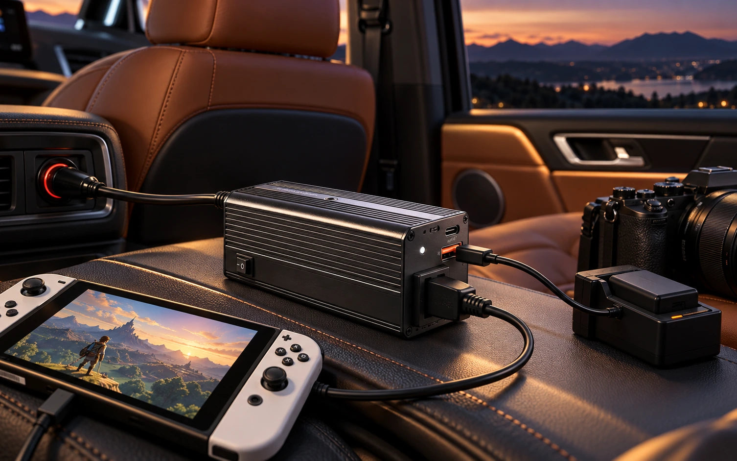 BESTEK 200W Car Power Inverter with 30W USB-C PD and QC 3.0 in a second product-specific use setting