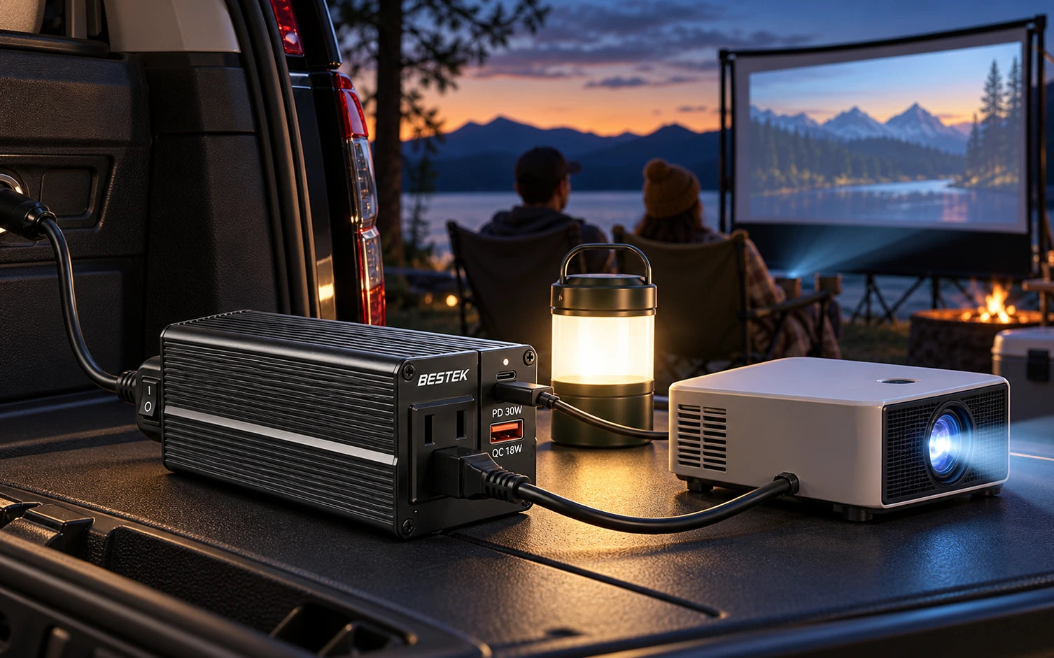 BESTEK 200W Car Power Inverter with 30W USB-C PD and QC 3.0 in a third product-specific use setting