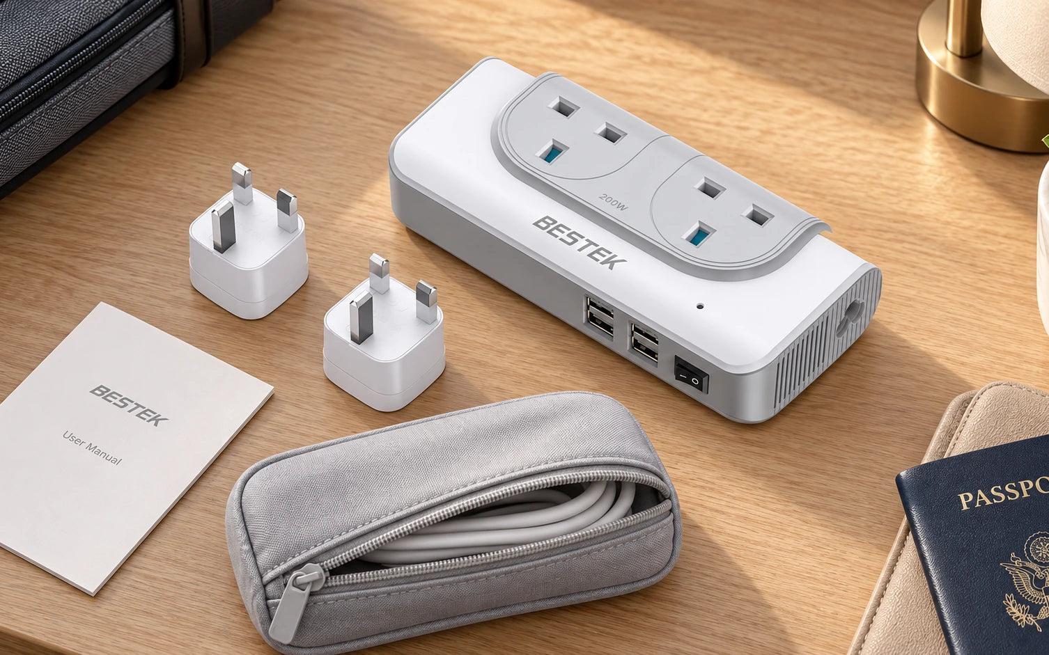 BESTEK 200W Step Up Voltage Converter 110V to 220V with 4-Port USB in a third product-specific use setting
