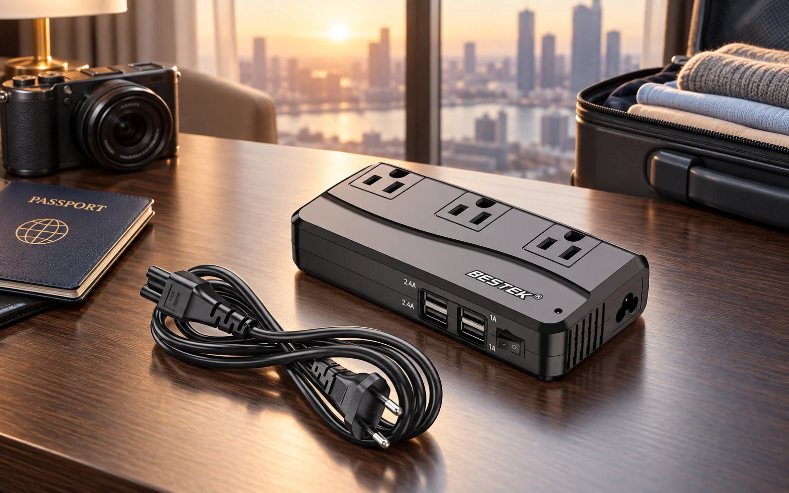 BESTEK 4-Port USB Voltage Converter 3 AC Outlets, UK/US/AU Plug detail overview