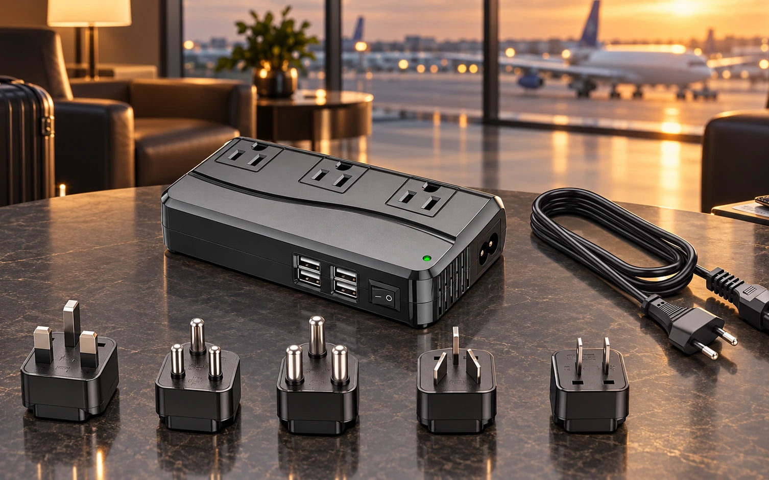 BESTEK 250W Travel Voltage Converter with 3 AC Outlets and 4 USB Ports detail overview