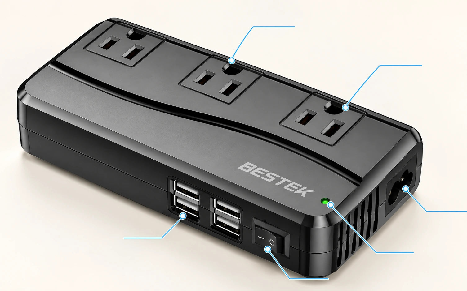 BESTEK 250W Travel Voltage Converter with 3 AC Outlets and 4 USB Ports controls and connections