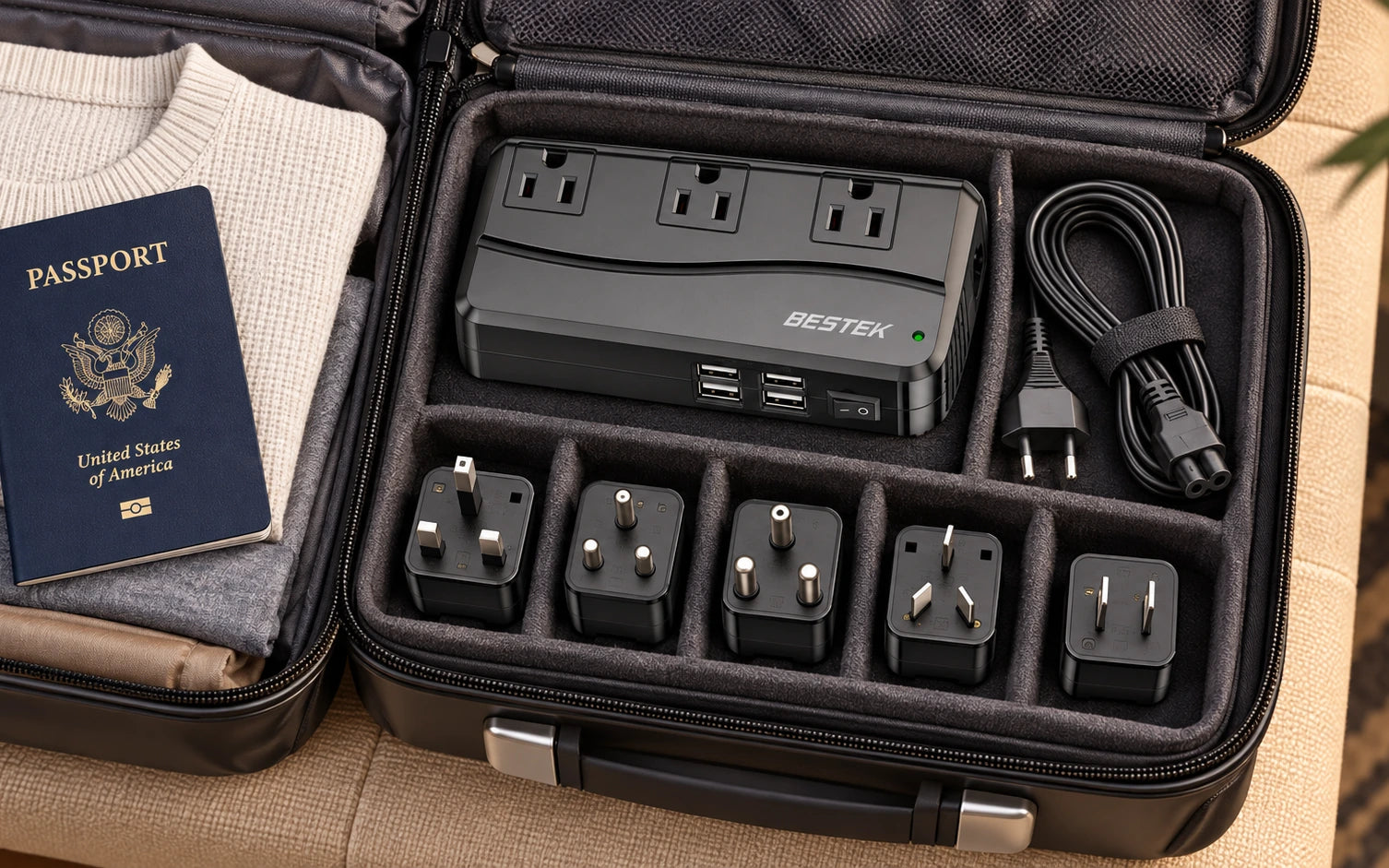 BESTEK 250W Travel Voltage Converter with 3 AC Outlets and 4 USB Ports in a third product-specific use setting