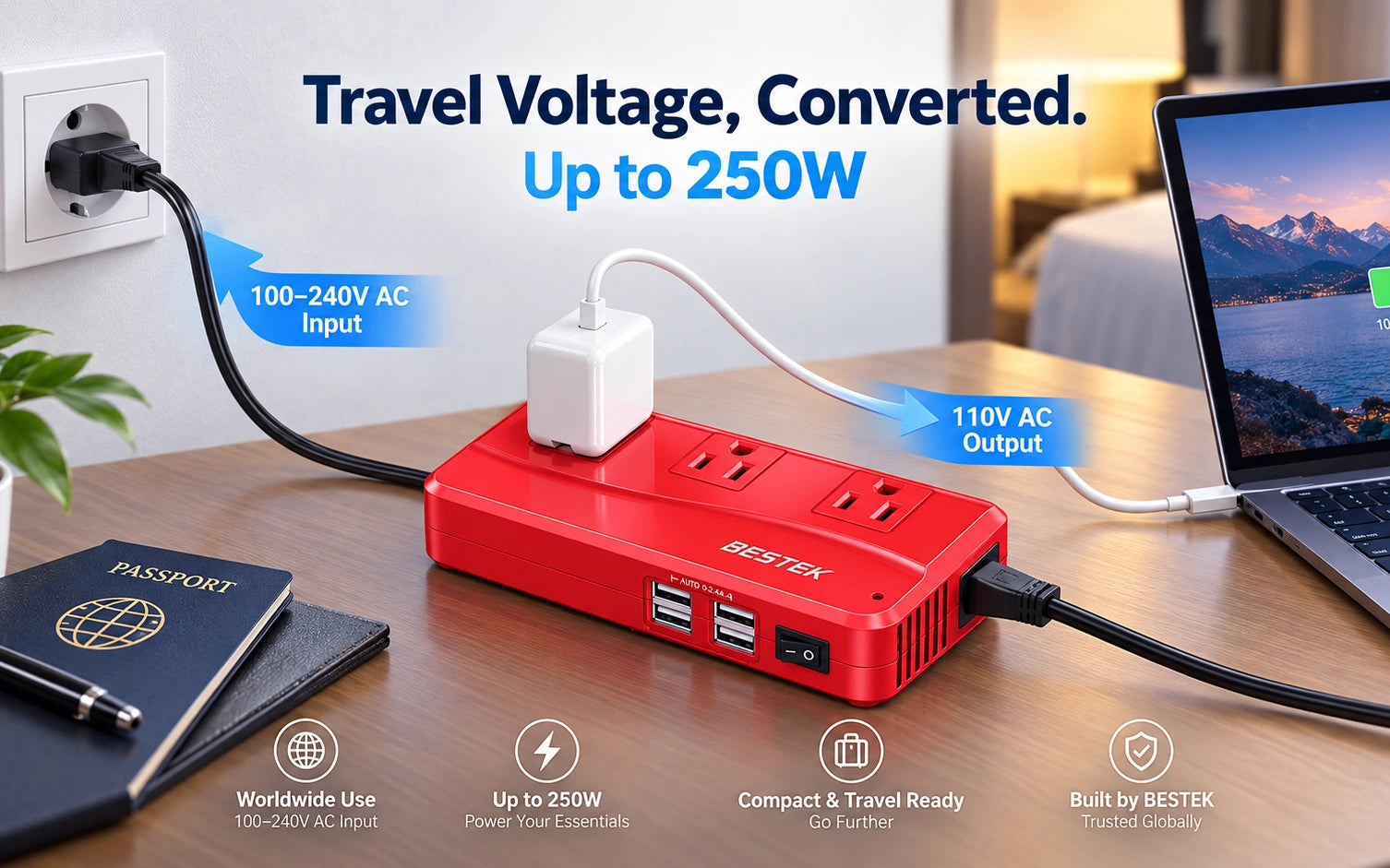 BESTEK 250W International Power Adapter and Voltage Converter, Red construction and protection detail