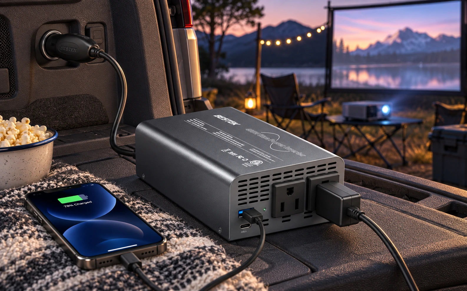 BESTEK 400W Pure Sine Wave Power Inverter DC 12V to AC 110V with PD30W USB-C QC 18W in a third product-specific use setting