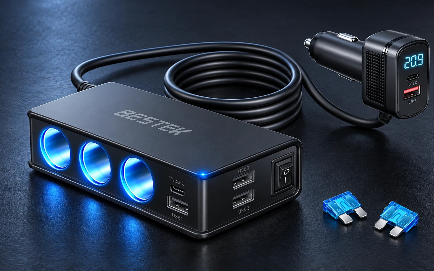 BESTEK 148W 9-in-1 Cigarette Lighter Splitter with USB-C PD detail overview