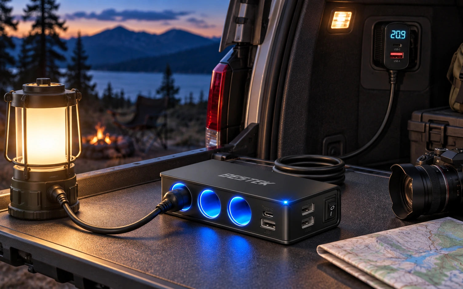 BESTEK 148W 9-in-1 Cigarette Lighter Splitter with USB-C PD in a third product-specific use setting
