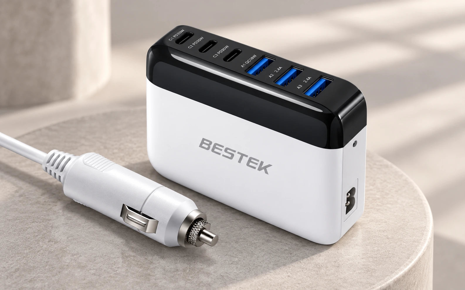 BESTEK 125W Multi-Port USB Car Charger with USB-C PD and QC 3.0 detail overview