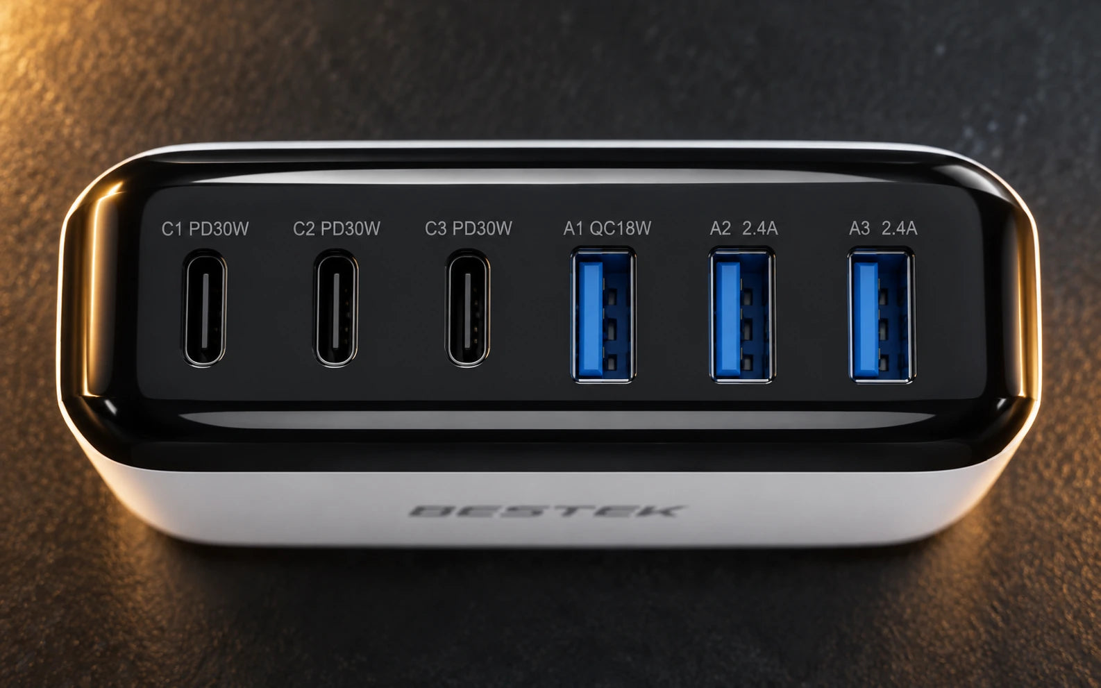 BESTEK 125W Multi-Port USB Car Charger with USB-C PD and QC 3.0 controls and connections