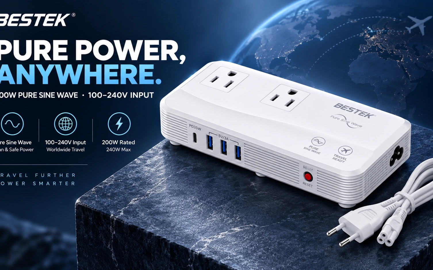 BESTEK 200W Pure Sine Wave Travel Adapter Voltage Converter detail overview