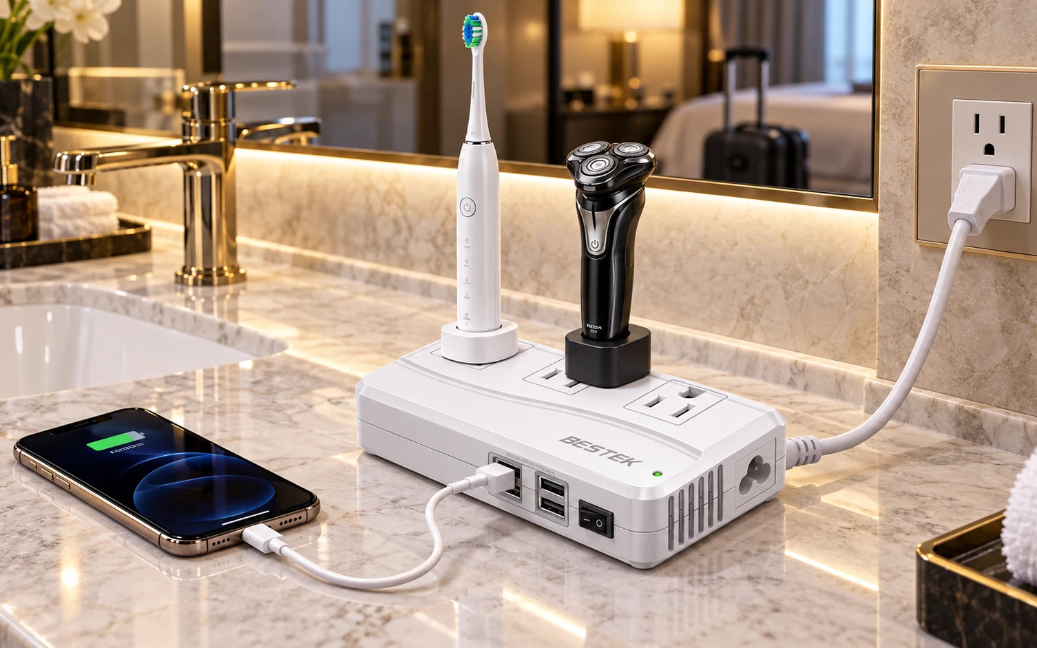 BESTEK Universal Travel Adapter and Voltage Converter with 4 USB Ports controls and connections