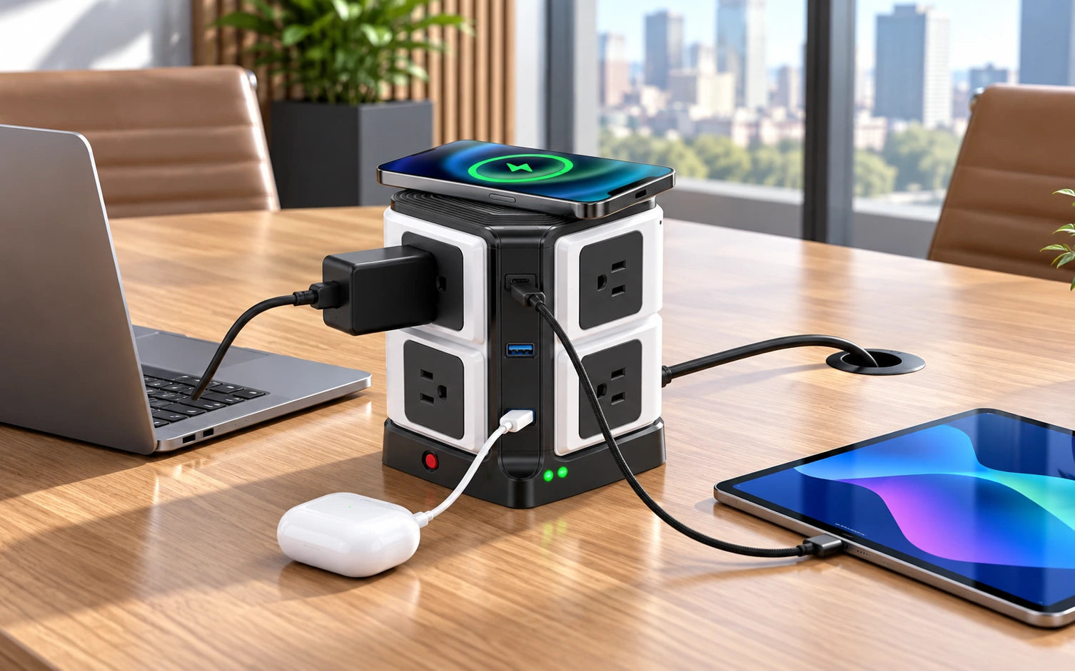 BESTEK Wireless Charger Desktop Power Strip with 8 Outlets and 3 USB Ports controls and connections