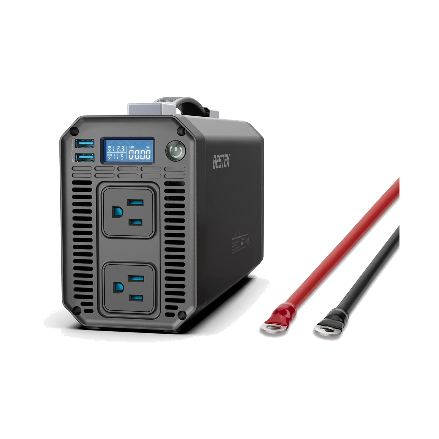 Gray BESTEK pure sine wave inverter with carrying handle, digital display and battery leads