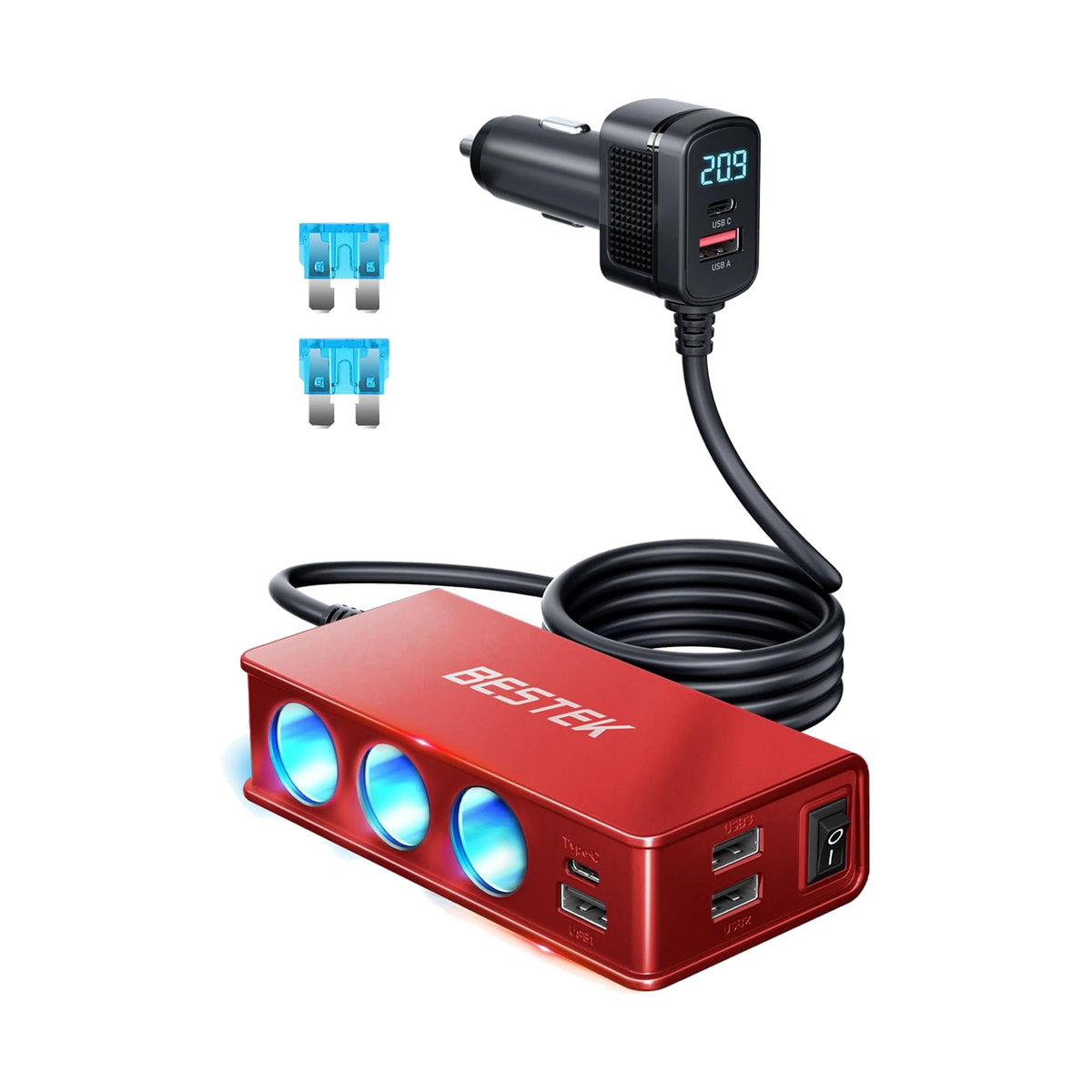 Red BESTEK 148W three-socket car splitter with USB ports and digital display plug