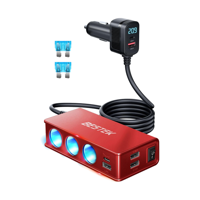 BESTEK 148W 9-in-1 Cigarette Lighter Splitter with 30W USB-C PD, Red
