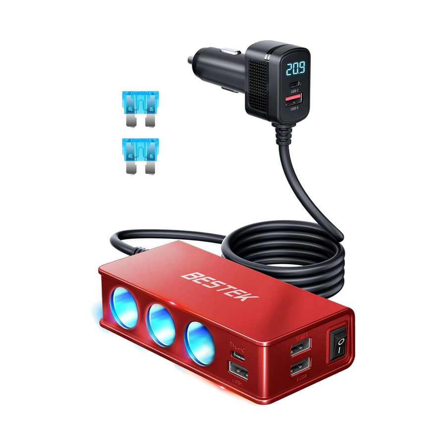 BESTEK 148W 9-in-1 Cigarette Lighter Splitter with 30W USB-C PD, Red