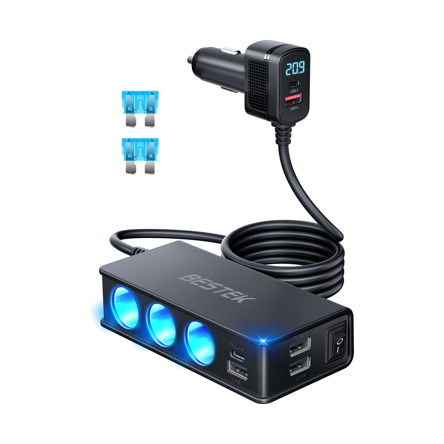 Black BESTEK 148W three-socket car splitter with USB ports and digital display plug