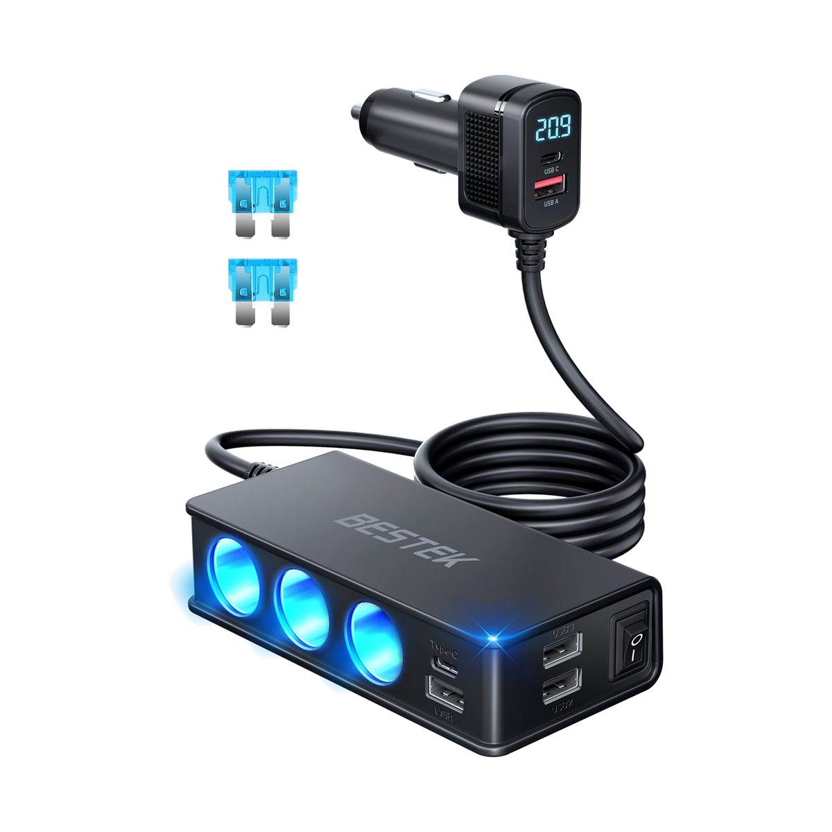 Black BESTEK 148W three-socket car splitter with USB ports and digital display plug