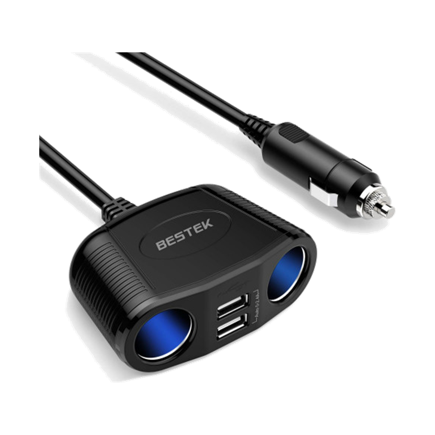 Black BESTEK two-socket cigarette-lighter splitter with USB ports and vehicle power plug
