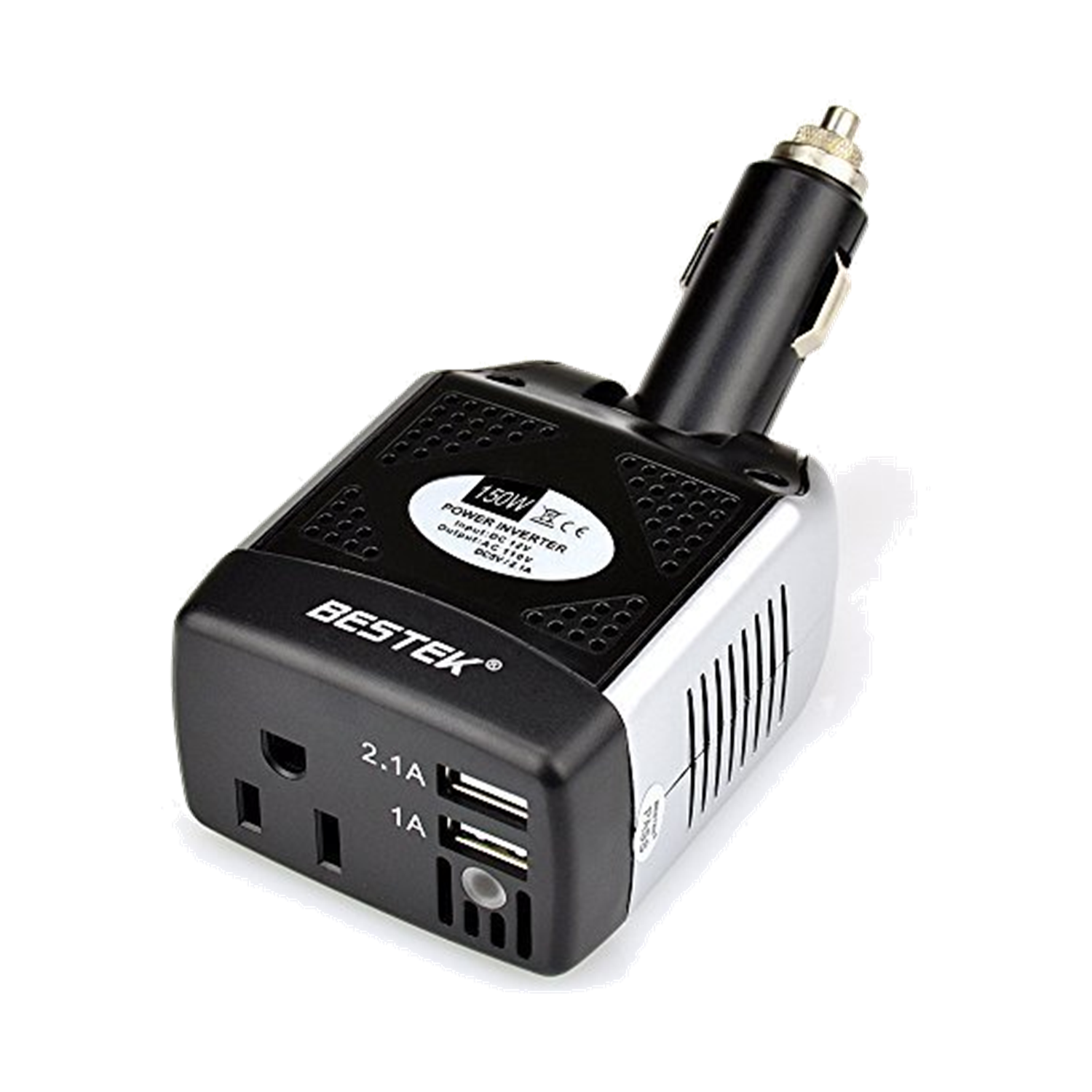 Black BESTEK 150W plug-in car inverter with an AC outlet and two USB ports