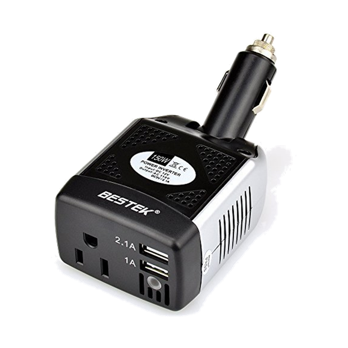 Black BESTEK 150W plug-in car inverter with an AC outlet and two USB ports