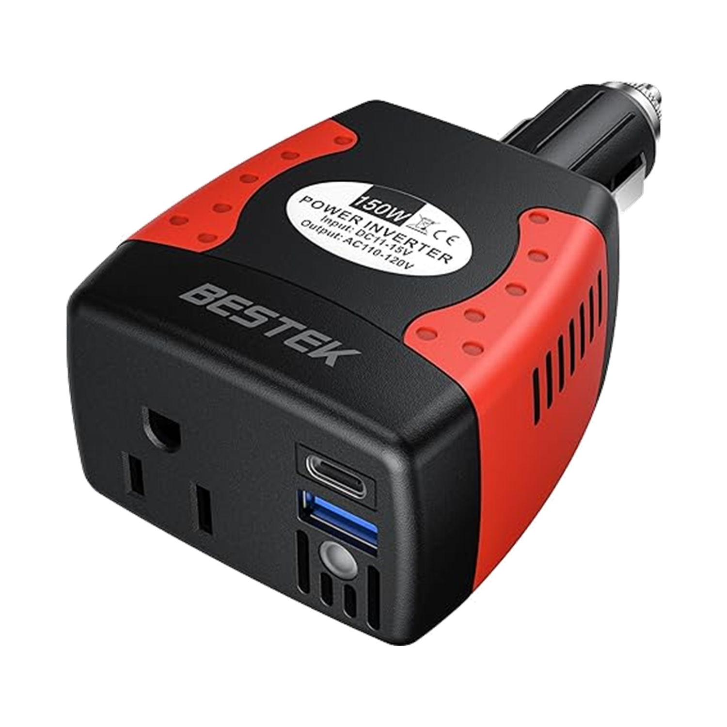 Red and black BESTEK 150W plug-in inverter with USB-C and USB-A charging ports