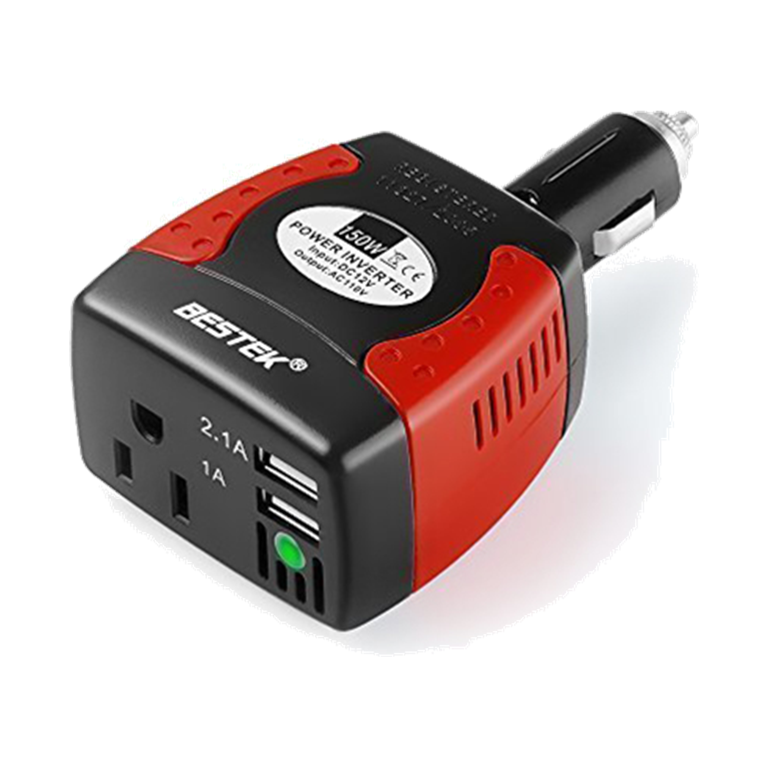 Red and black BESTEK 150W plug-in car inverter with an AC outlet and USB ports
