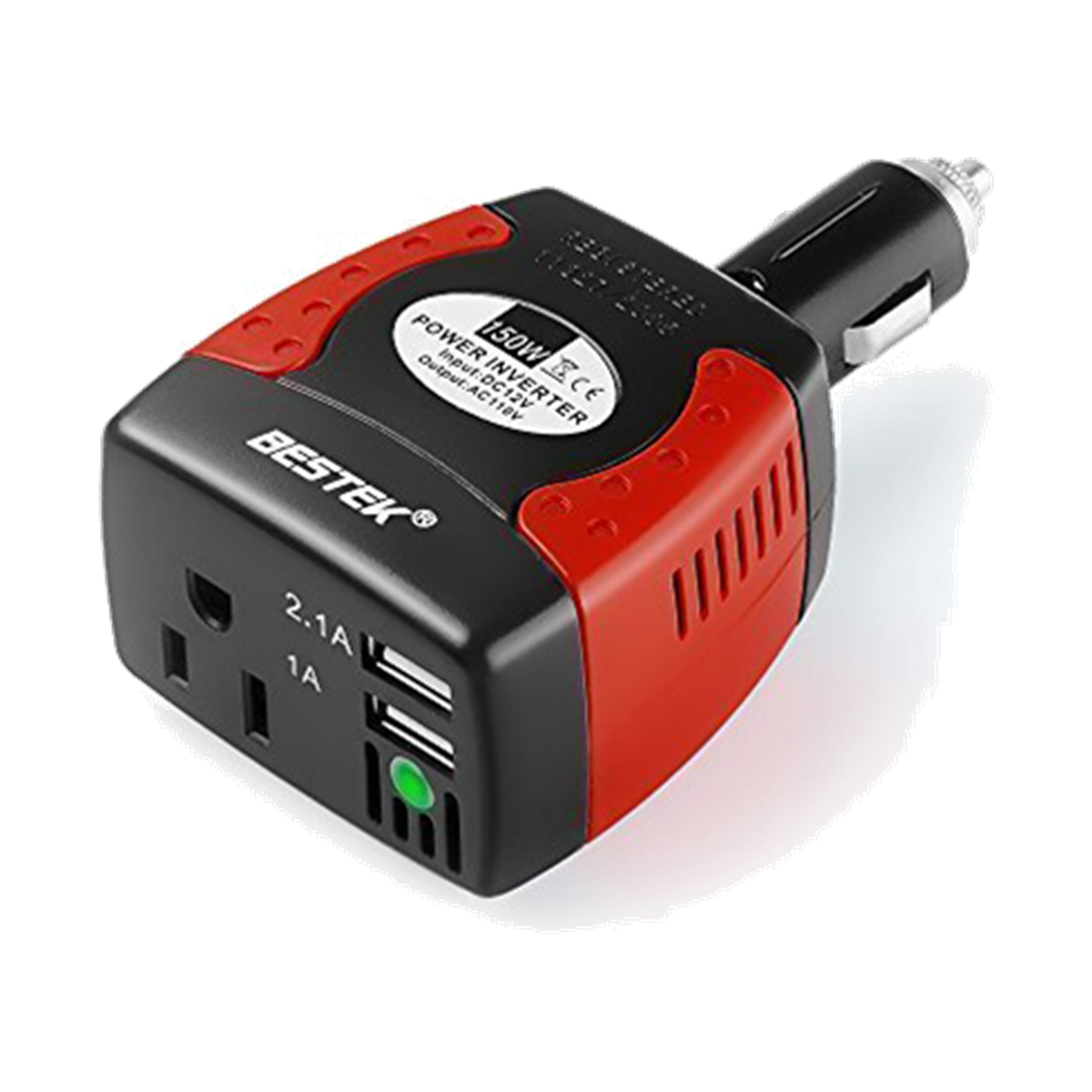 Red and black BESTEK 150W plug-in car inverter with an AC outlet and USB ports