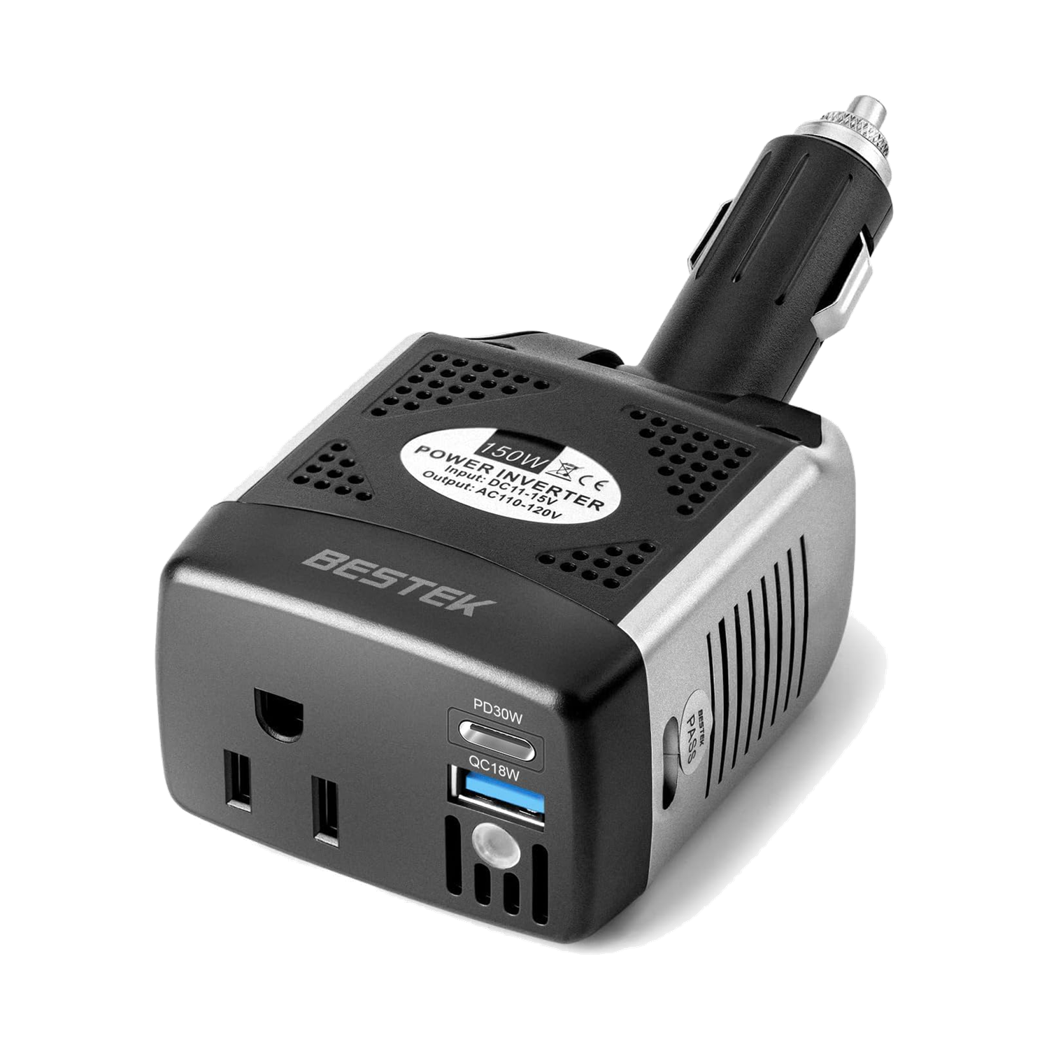 Gray BESTEK 150W plug-in car inverter with an AC outlet and USB charging ports
