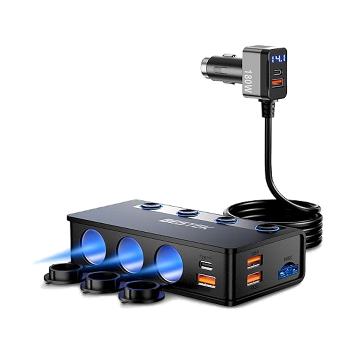 Black BESTEK 180W cigarette-lighter splitter with three sockets, USB ports and display plug