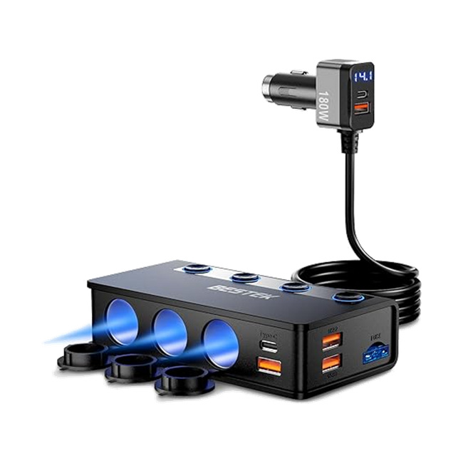 Black BESTEK 180W cigarette-lighter splitter with three sockets, USB ports and display plug