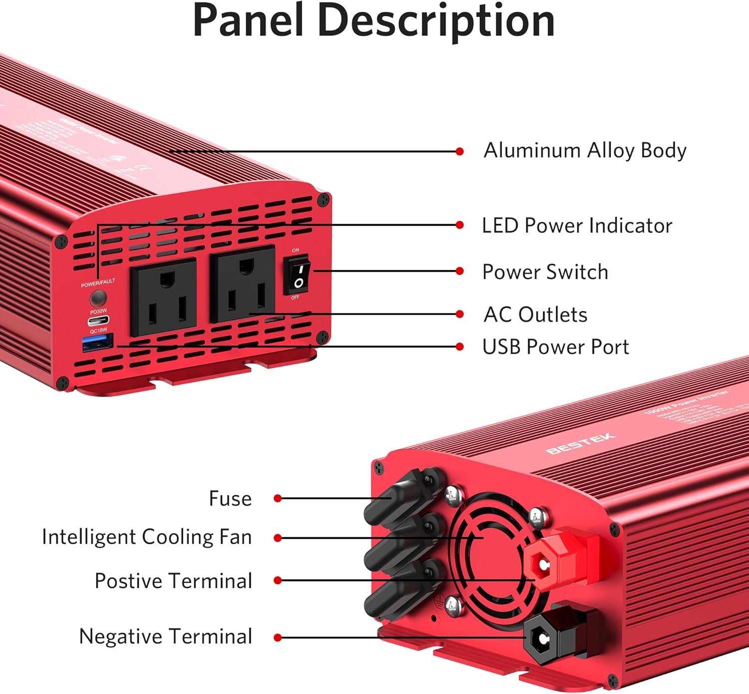 BESTEK 1000W inverter — labeled front panel and rear battery terminals