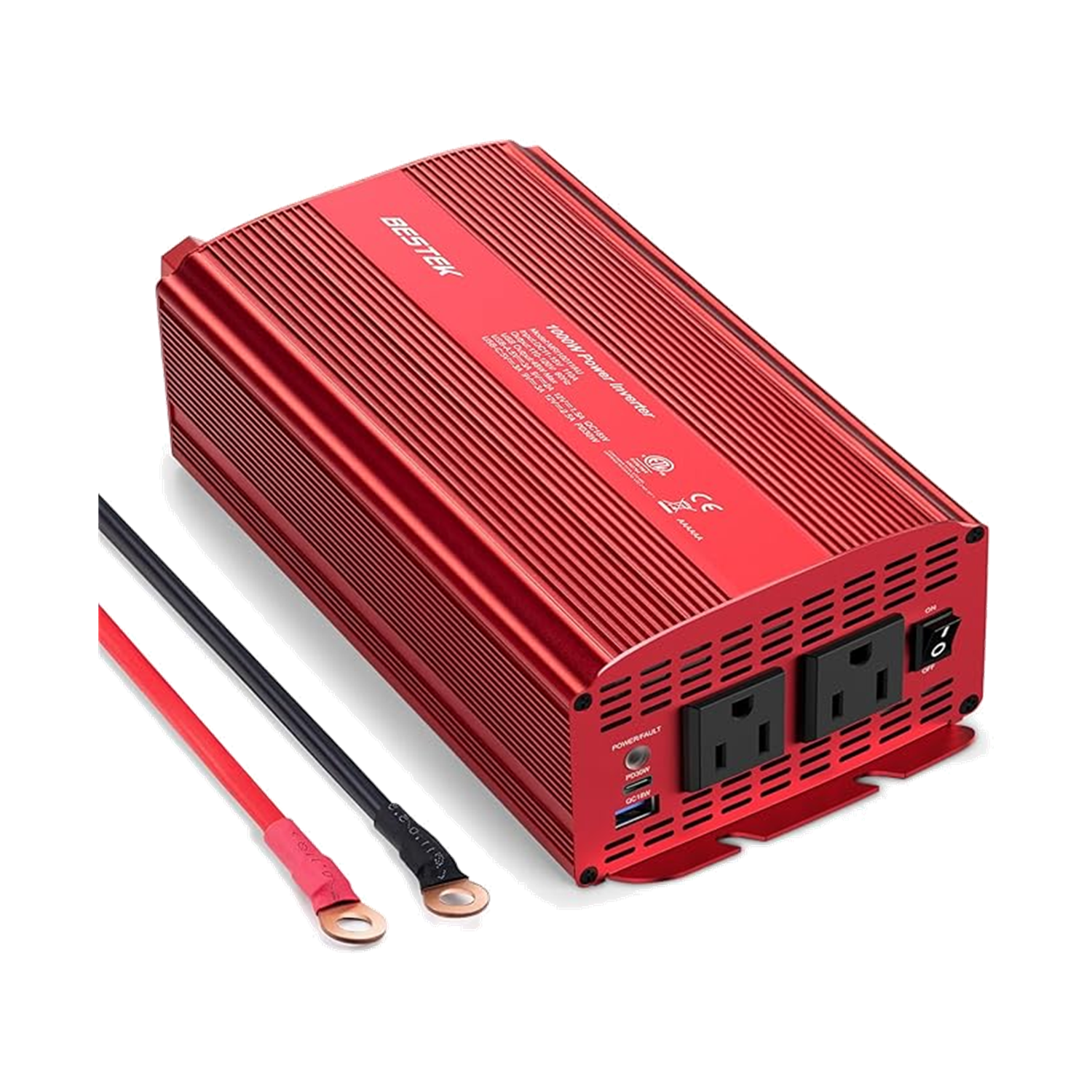Red BESTEK 1000W inverter with two AC outlets, USB ports and battery connection leads
