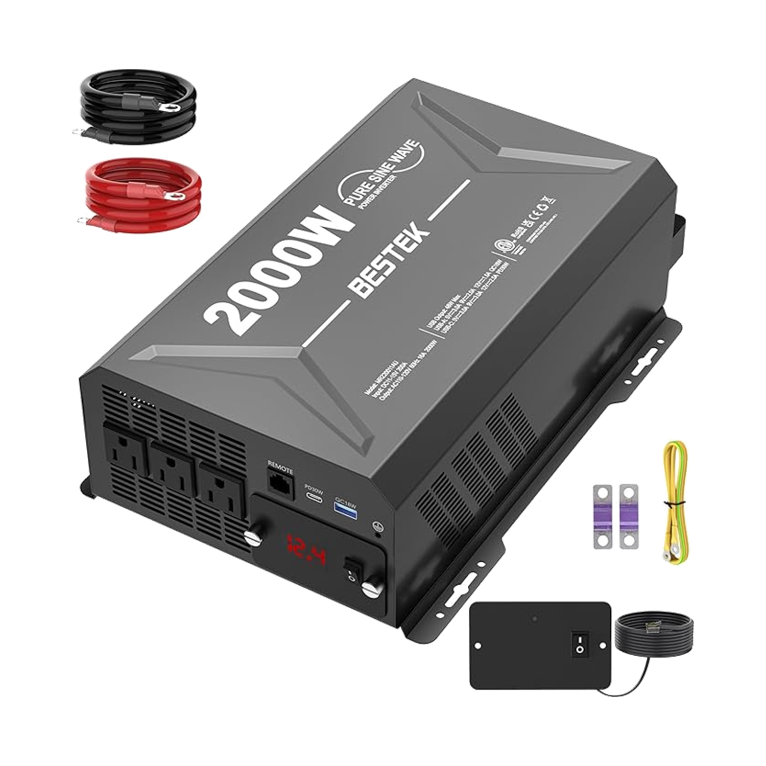 BESTEK 2000W pure sine wave inverter with battery leads and remote control accessories