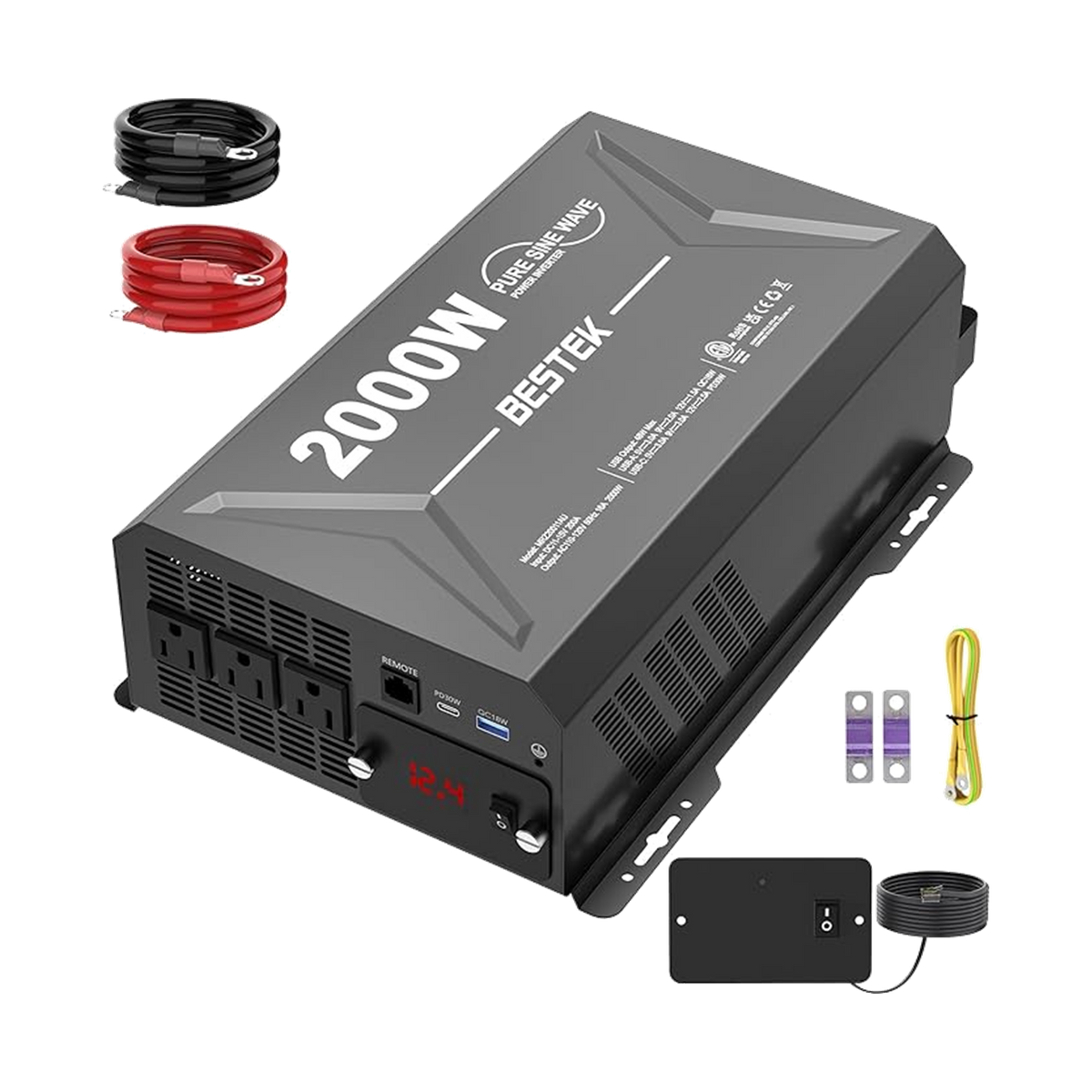 BESTEK 2000W pure sine wave inverter with battery leads and remote control accessories