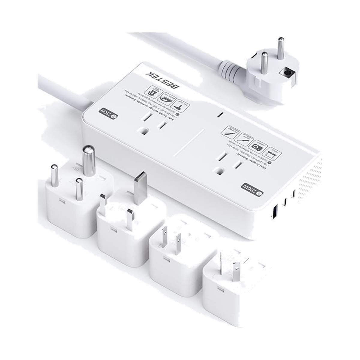 White BESTEK 2000W travel voltage converter with two AC outlets, USB ports and plug adapters