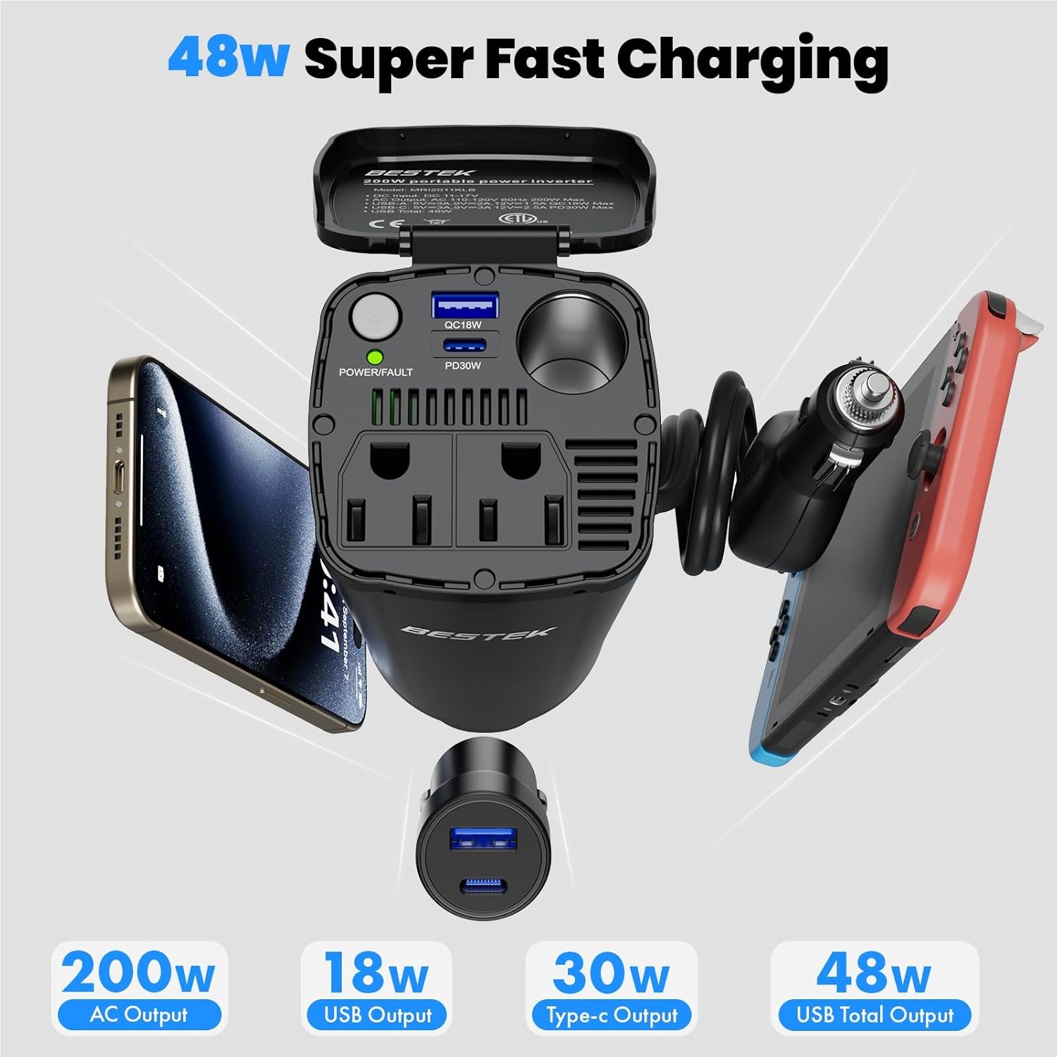 BESTEK 200W inverter — USB charging output and allocation diagram