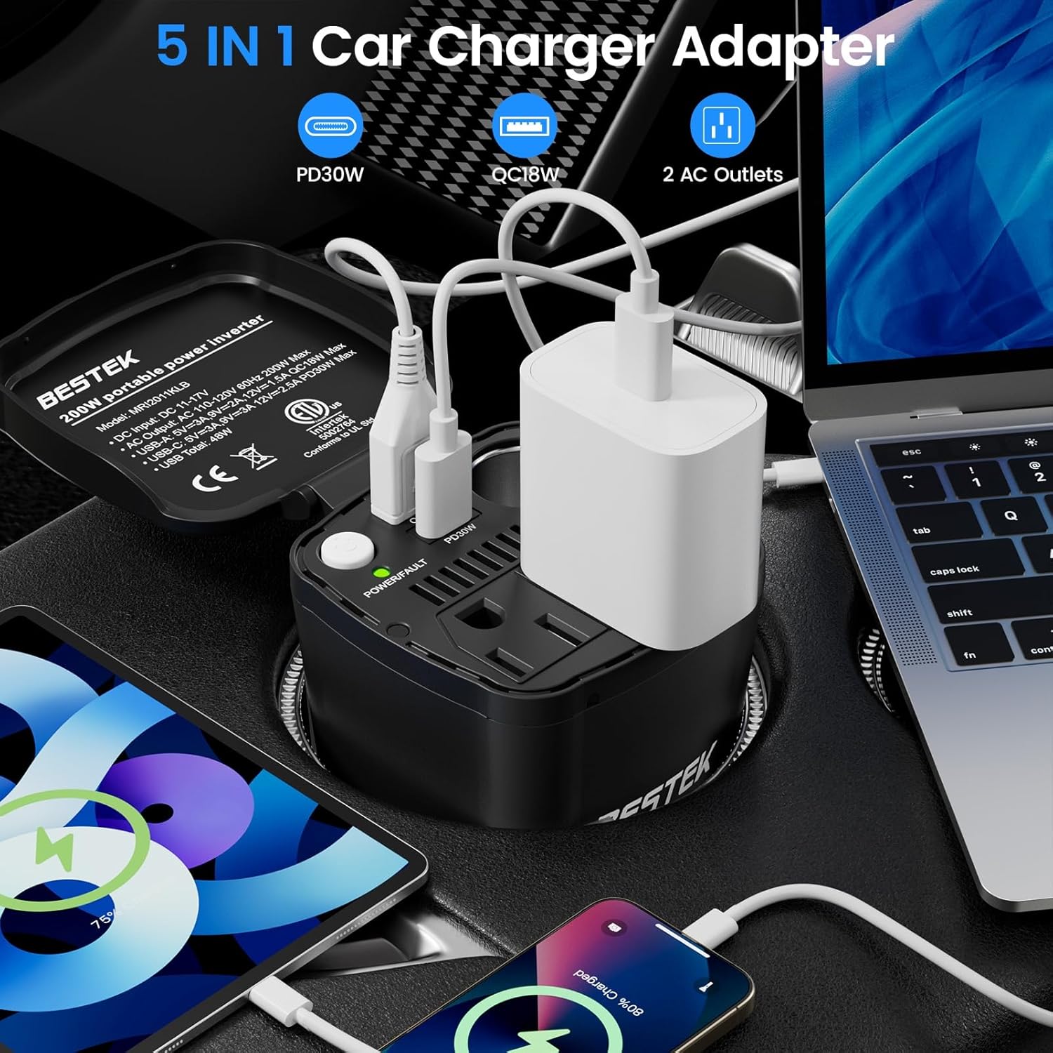 BESTEK 200W inverter — multiple devices connected to AC and USB ports