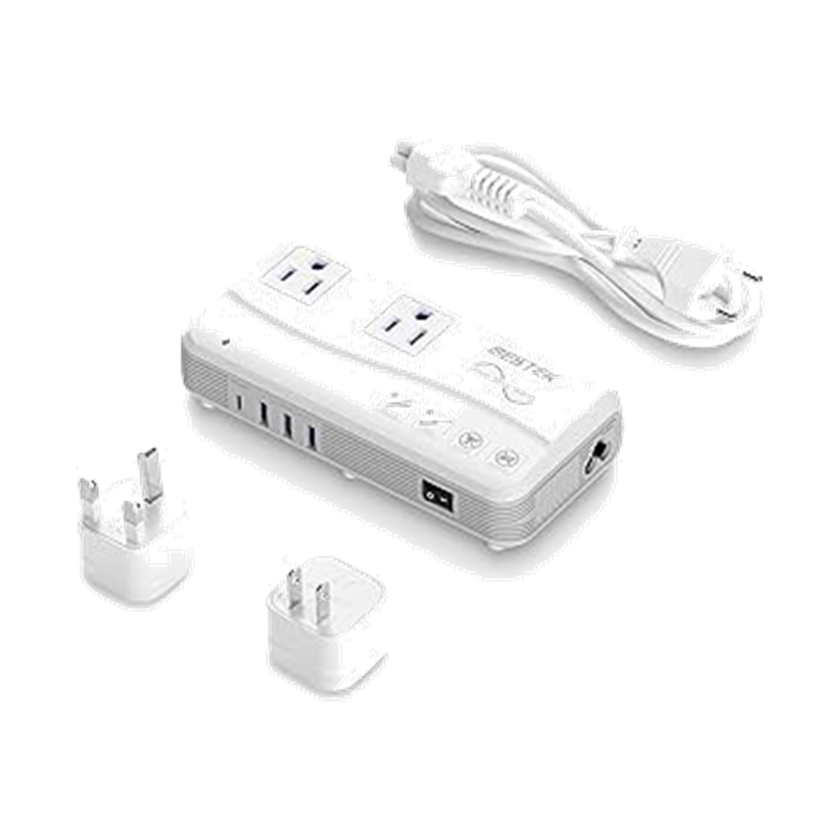 White BESTEK 200W pure sine wave travel voltage converter with cord and plug adapters