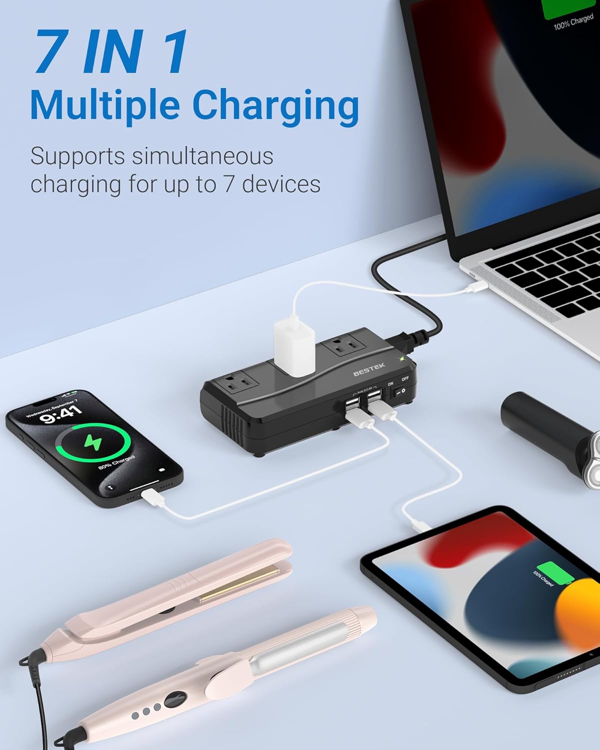 BESTEK 250W travel voltage converter — AC and USB connections charging multiple devices