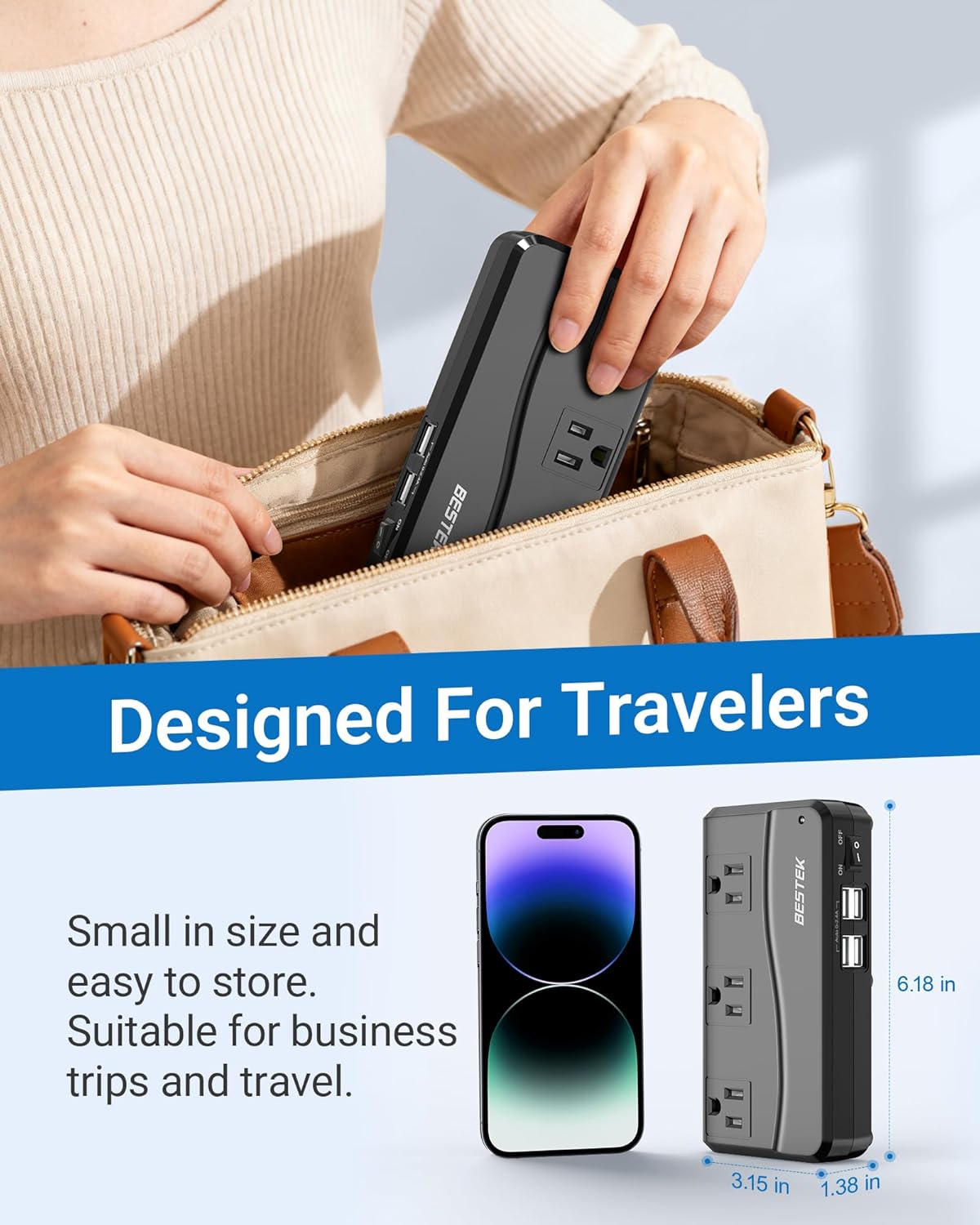 BESTEK 250W travel voltage converter — compact converter being packed into a travel bag